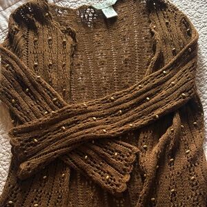 Studio Brown Open-Knit Beaded Cardigan